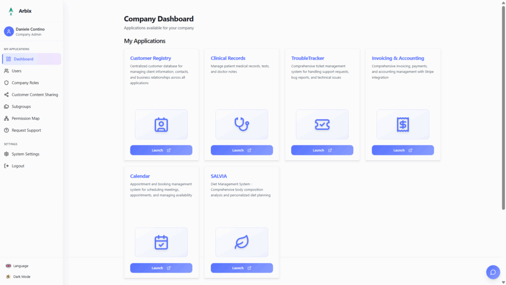 Dashboard del software Arbix con i moduli principali.
